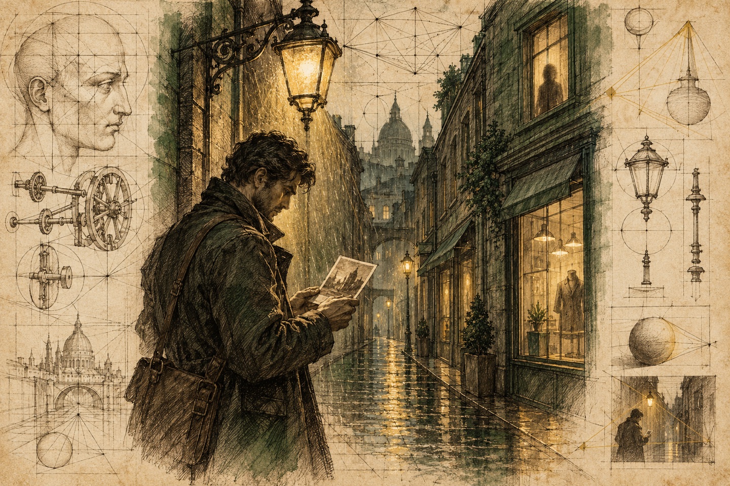 Modern investigator examining a photograph in the rain, rendered as a Renaissance notebook study